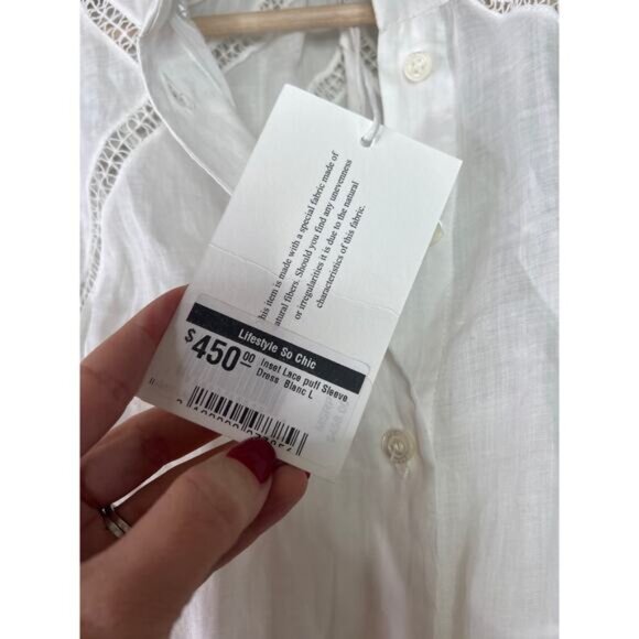 NWT Frame Inset Lace Puff Sleeve Button Front Dress White Blanc Size: Large - Picture 5 of 8
